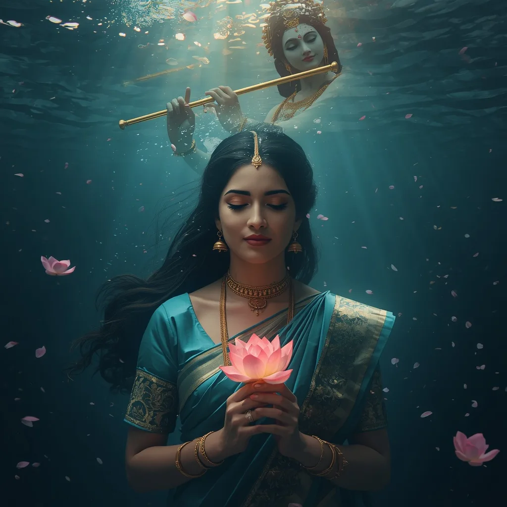 Divine Underwater Fantasy: Woman and Lord Krishna's Serene Embrace