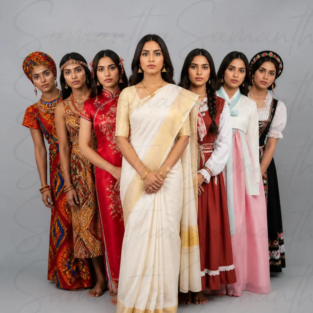 Elegant Woman's Multicultural Attire Editorial Showcase