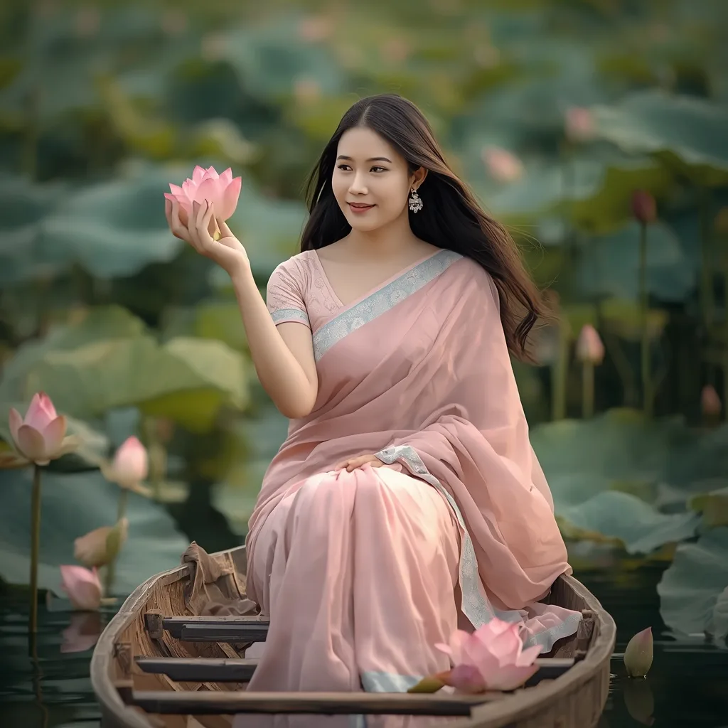 Graceful Young Woman in a Pink Saree on Lotus Lake