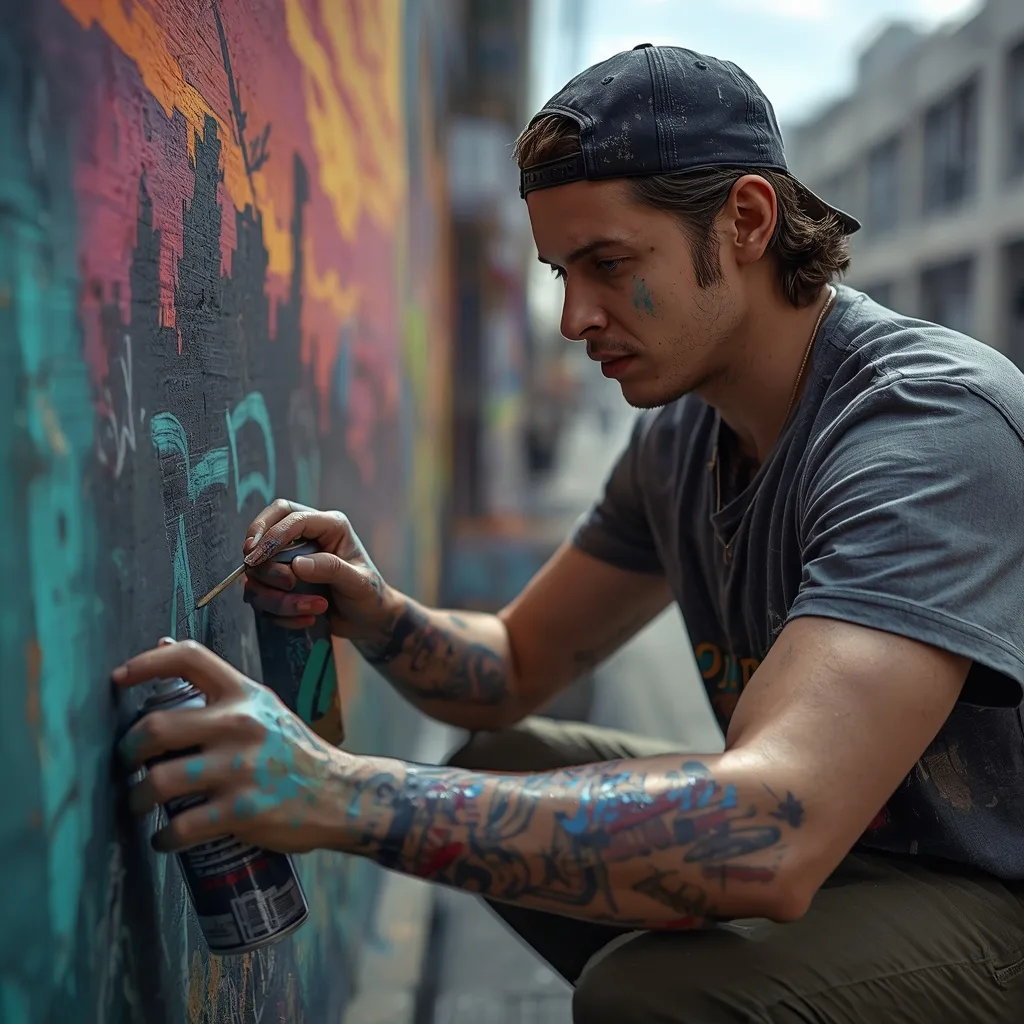 Man's Artistic Expression: Portrait as a Street Artist Creating a Mural
