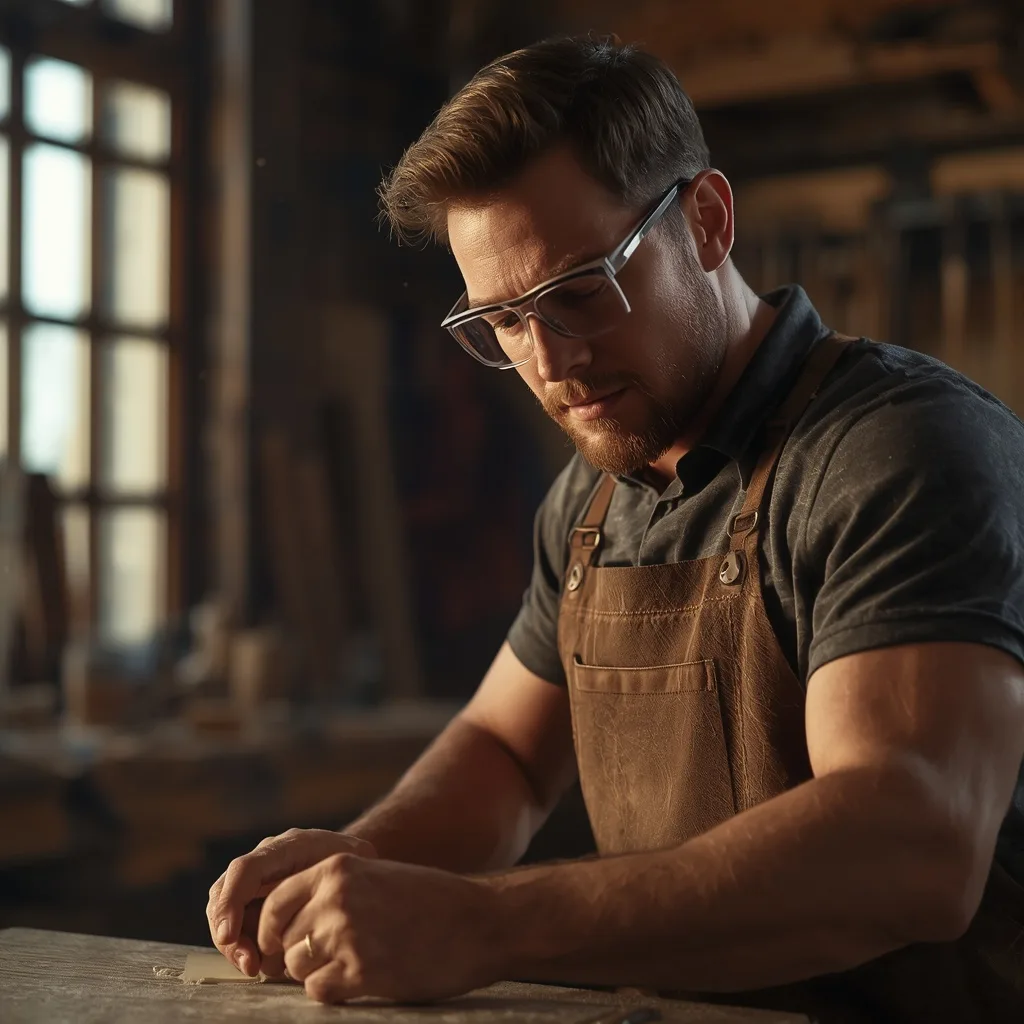 Man's Focused Craftsmanship in a Woodworking Studio – boy's photography ai prompts – AI generated example
