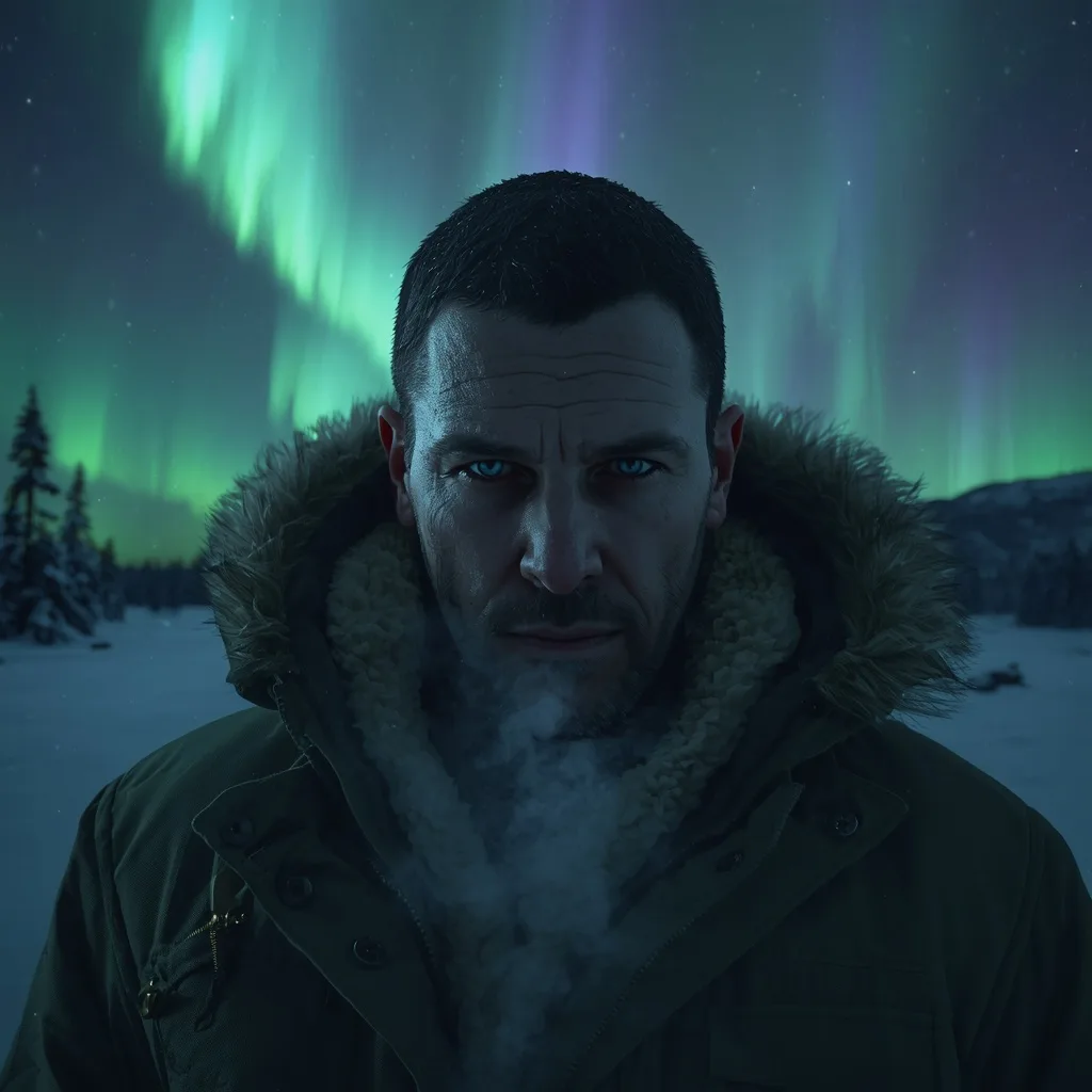Man's Intense Gaze: A Portrait Bathed in the Glow of an Aurora Borealis