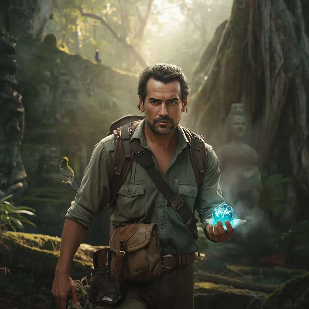 Rugged Man Exploring an Ancient Jungle Temple at Dawn – boy's photography ai prompts – AI generated example