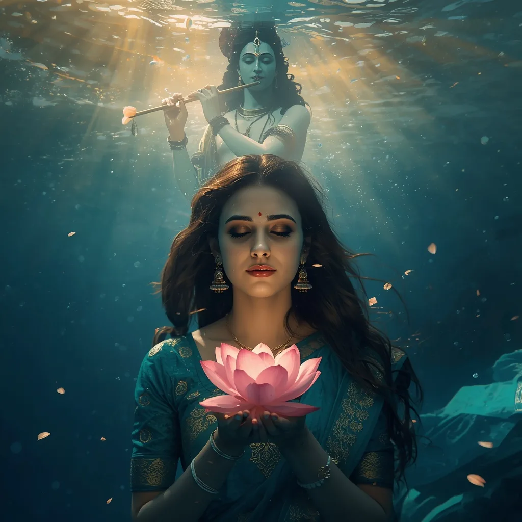 Serene Woman with Krishna in Underwater Fantasy