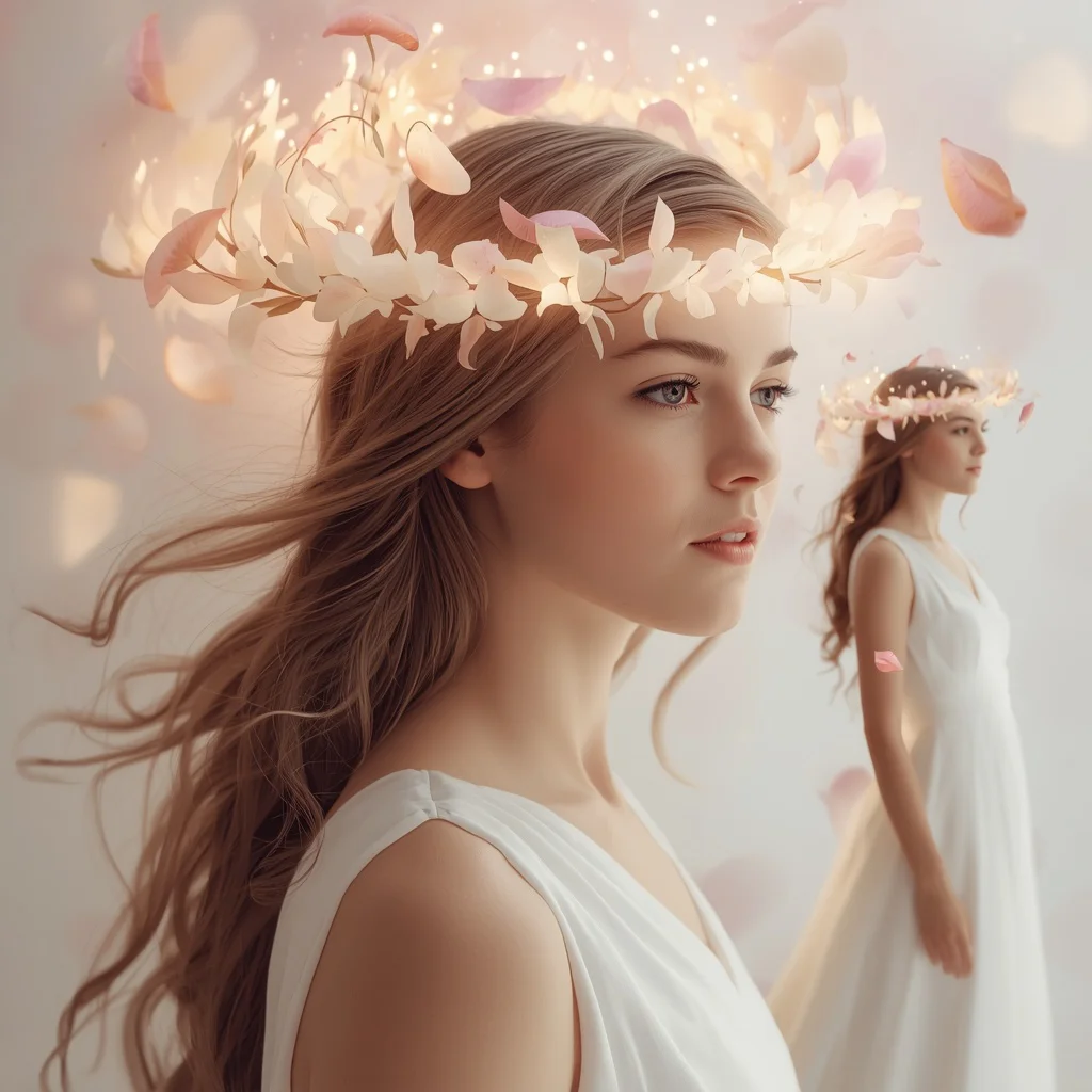 Beautiful Girl Crowned by Swirling Petals of Light Collage Fantasy | traditional prompt for girl images — AI image prompt