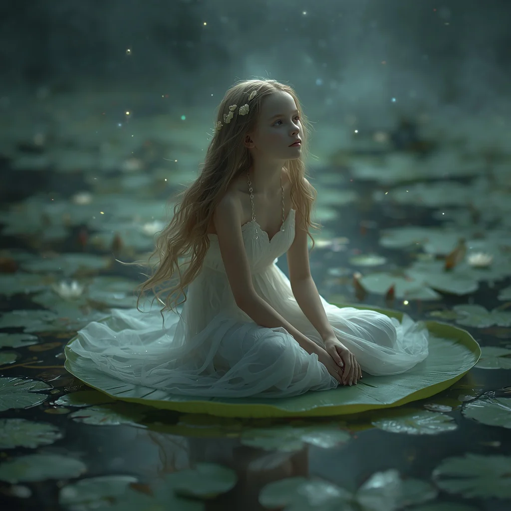 Beautiful Girl Mystical Lake Water Lilies Fairy Tale Dream | Retro style prompt for gemini girl instagram — AI image prompt