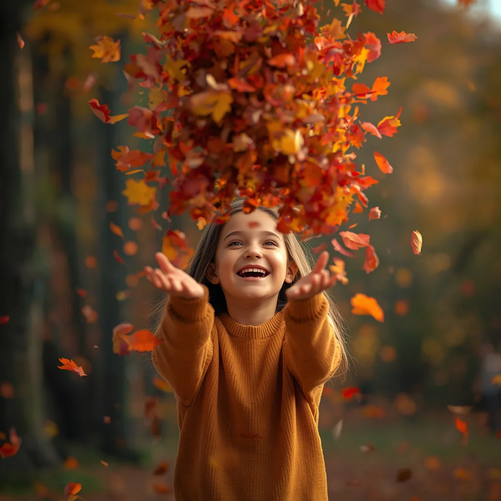 Cute Girl Autumn Park Pile of Leaves Playful Laughter Joyful | chatgpt prompt for photo editing trending — AI image prompt