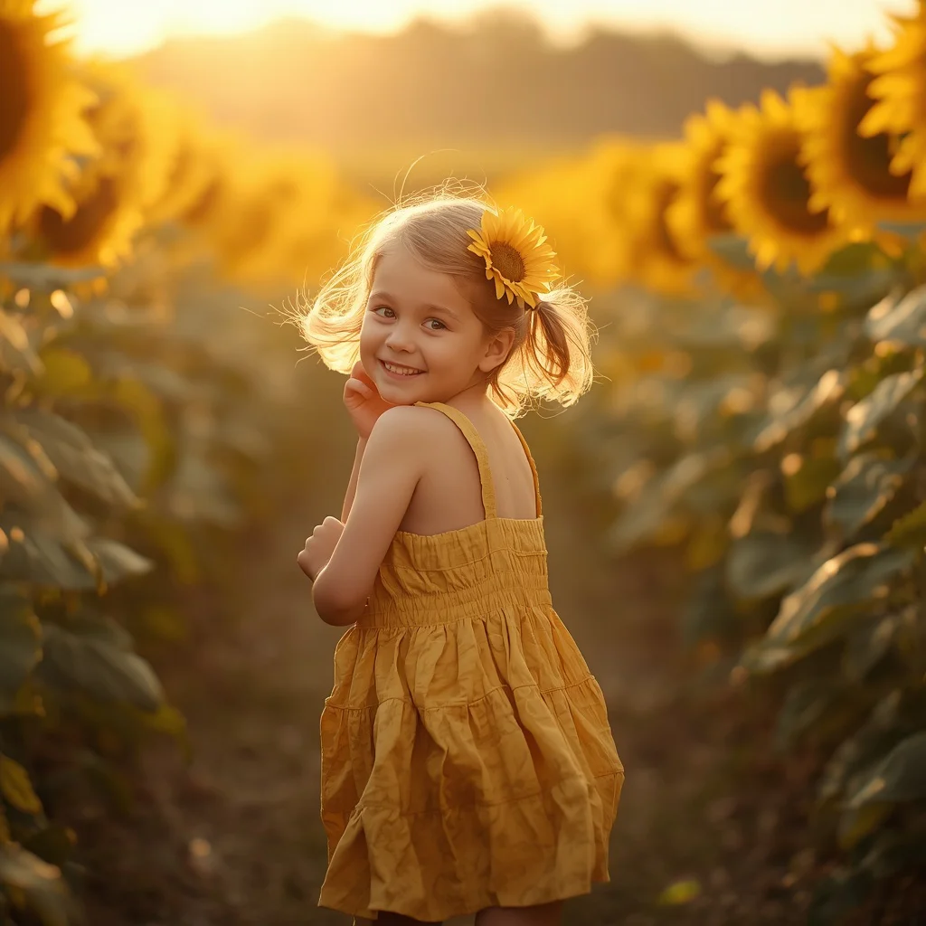 Cute Girl Field of Sunflowers Golden Hour Joyful Smile | prompt for girl pic in english — AI image prompt