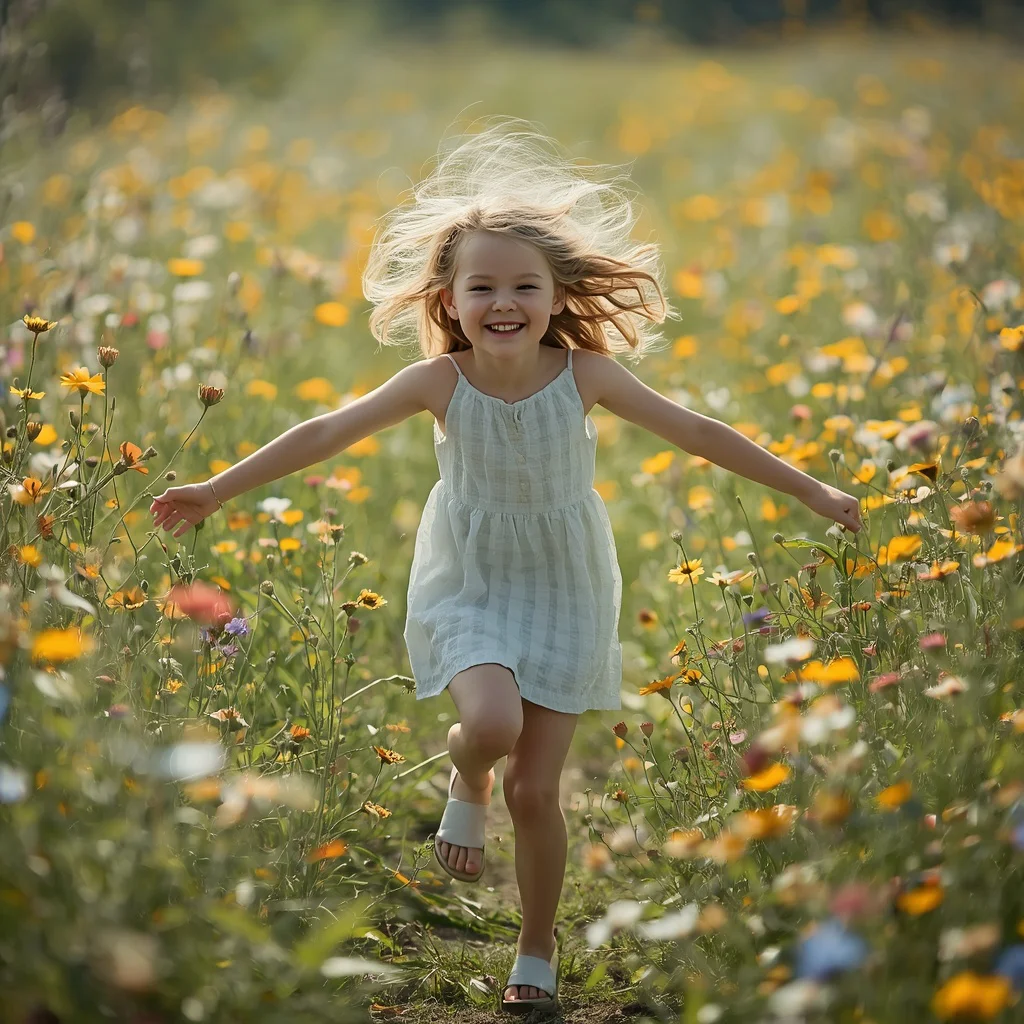 Cute Girl Field of Wildflowers Summer Breeze Innocent Joy Idyllic | retro style prompt for gemini girl in english — AI image prompt