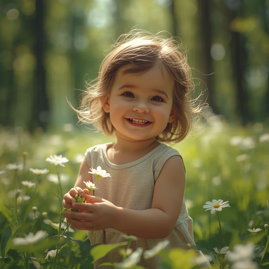Cute Girl Forest Flowers Picking Innocent Joy Whimsical Nature | chatgpt photo editing prompts trending instagram download — AI image prompt
