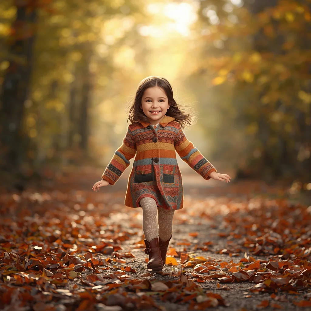 Cute Girl Forest Path Autumn Leaves Joyful Skip Innocent Play | Traditional prompt in english for wedding — AI image prompt