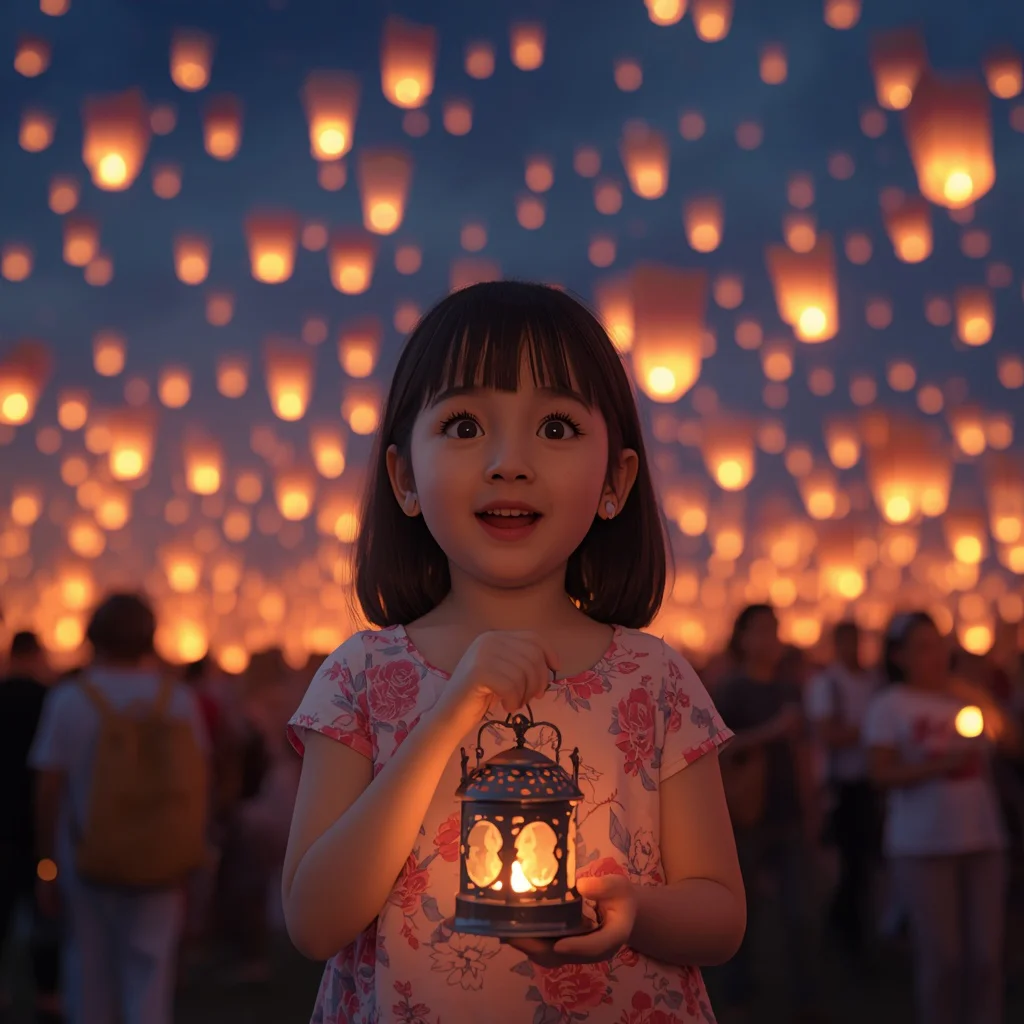 Cute Girl Magic Lantern Festival Night Sky Wonder Joyful | prompt for look for girl in english — AI image prompt