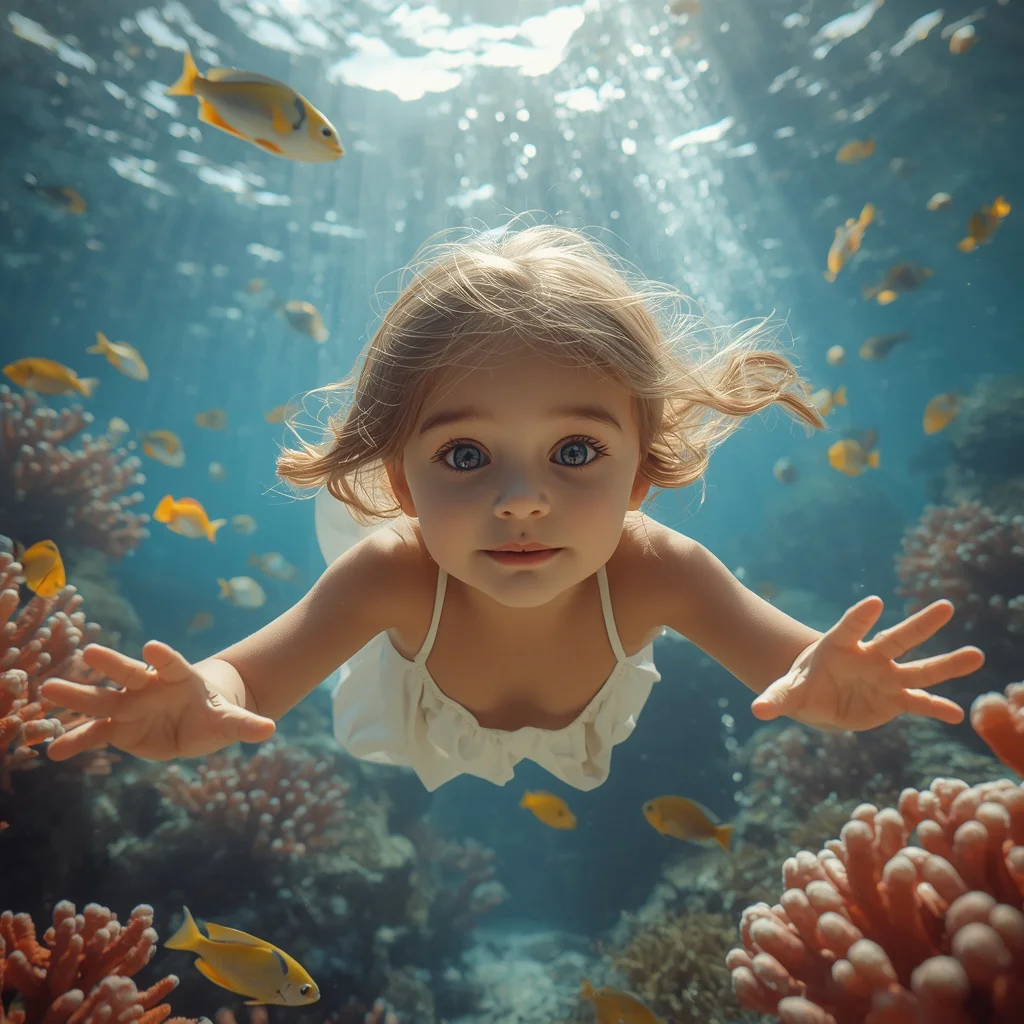 Cute Girl Underwater Coral Garden Curious Exploration Colorful Serenity | chat gpt prompt for image editing — AI image prompt