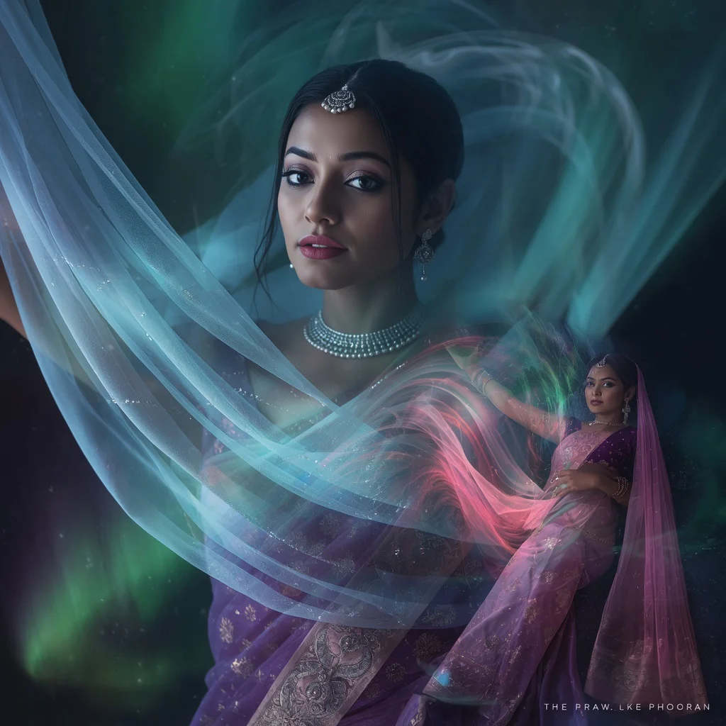 Indian Woman Saree Aurora Borealis Weave Northern Lights Collage Cosmic Drape | prompt for girls college instagram — AI image prompt