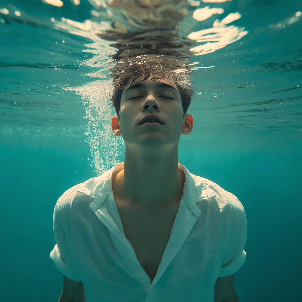 A Hyper-Realistic Underwater Portrait of a Man with Closed Eyes | Men Selfie Prompt — AI image prompt