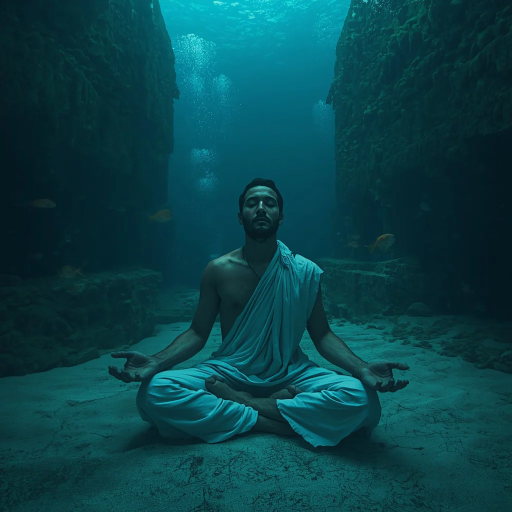 A Man Meditating Underwater with Ancient Ruins | Fitness Men Prompt — AI image prompt