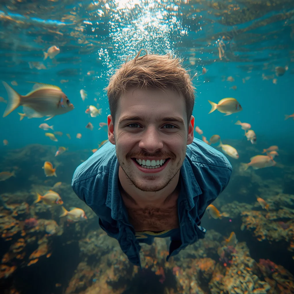 A Man Playfully Posing Underwater with Colorful Tropical Fish | Story Men Prompt — AI image prompt
