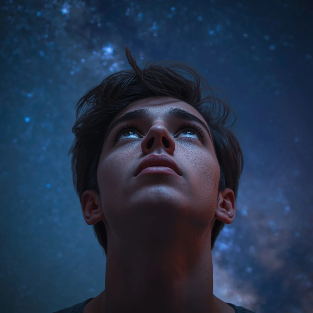 A Man's Dreamy Stargazing Portrait for a Lockscreen | Image AI Prompt — AI image prompt
