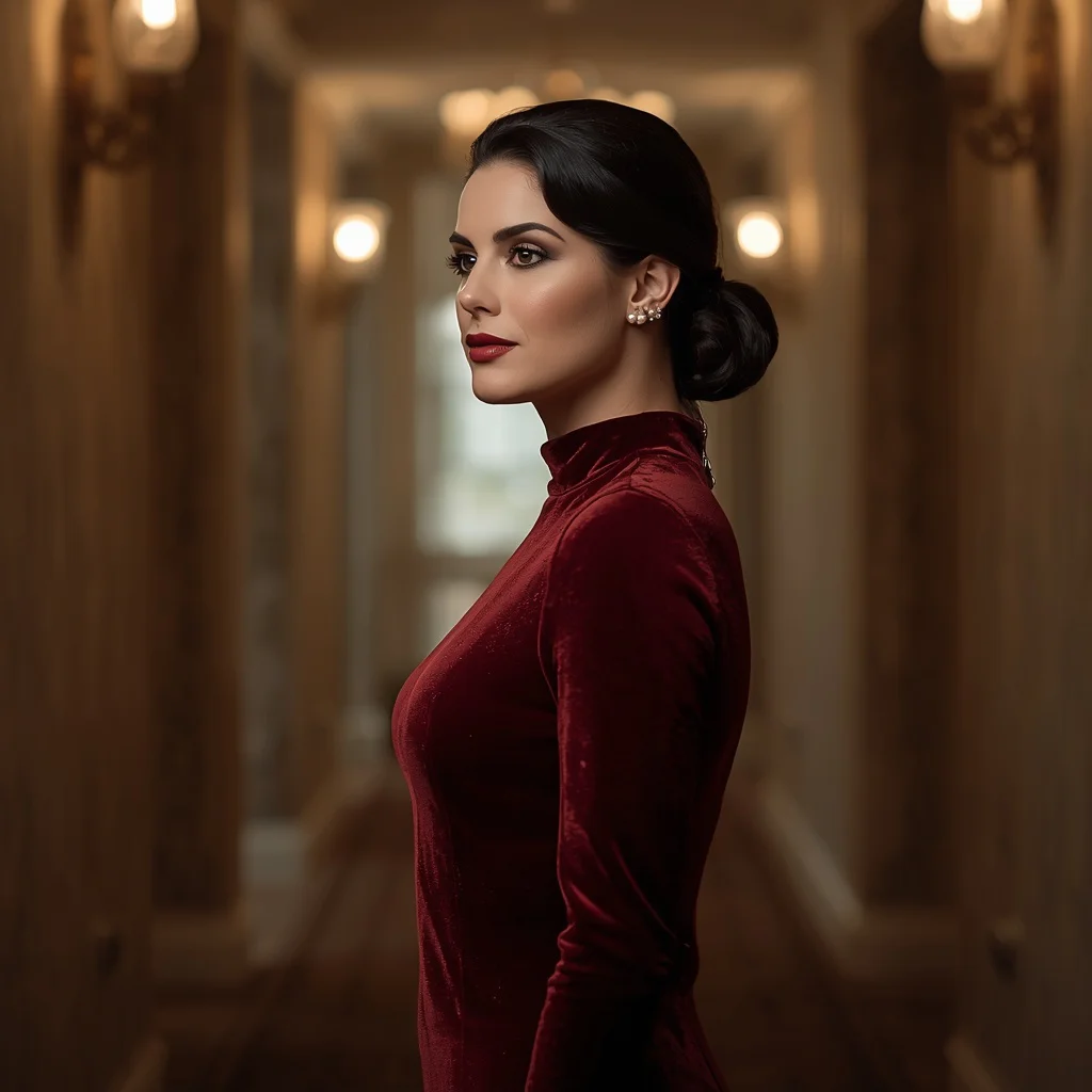 A Starlet's Elegant Glance in a Soft-Lit Hallway | Festive Girl Prompt — AI image prompt