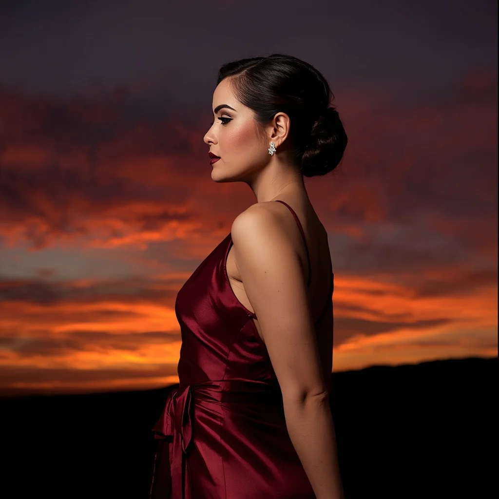 A Starlet's Elegant Profile Against a Sunset Sky | Kurti Prompt — AI image prompt