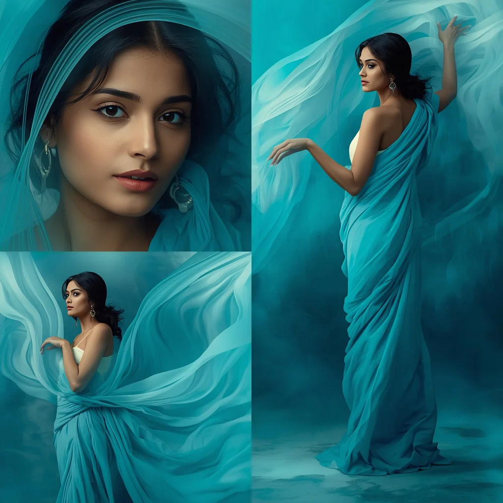 Abstract Wave Pattern Collage: Indian Woman in Fluid, Dynamic Forms | Saree Image Prompt — AI image prompt