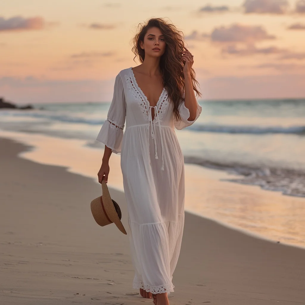 Bohemian White Maxi Dress with Embroidery for Beach Vacation | ChatGPT AI Prompt — AI image prompt