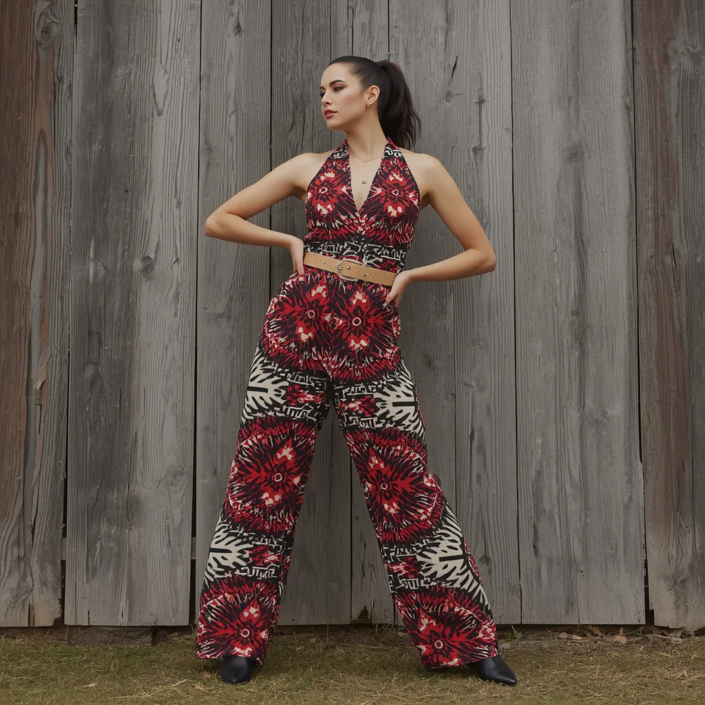 Bold Western Print Jumpsuit in a Rustic Setting | Best Girl Prompt — AI image prompt