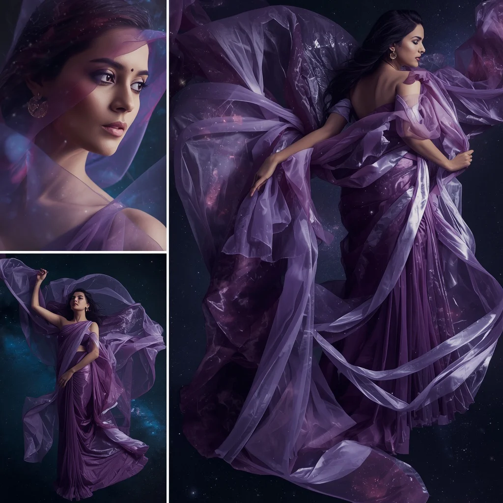 Celestial Silk Ribbons Collage: Indian Woman in Flowing Cosmic Drapes | Photo Saree Prompt — AI image prompt