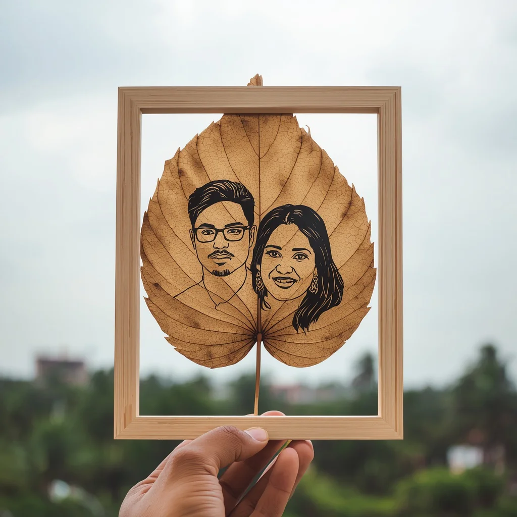 Couple Portrait Printed on a Dried Leaf in a Simple Frame | Cute Love Prompt — AI image prompt