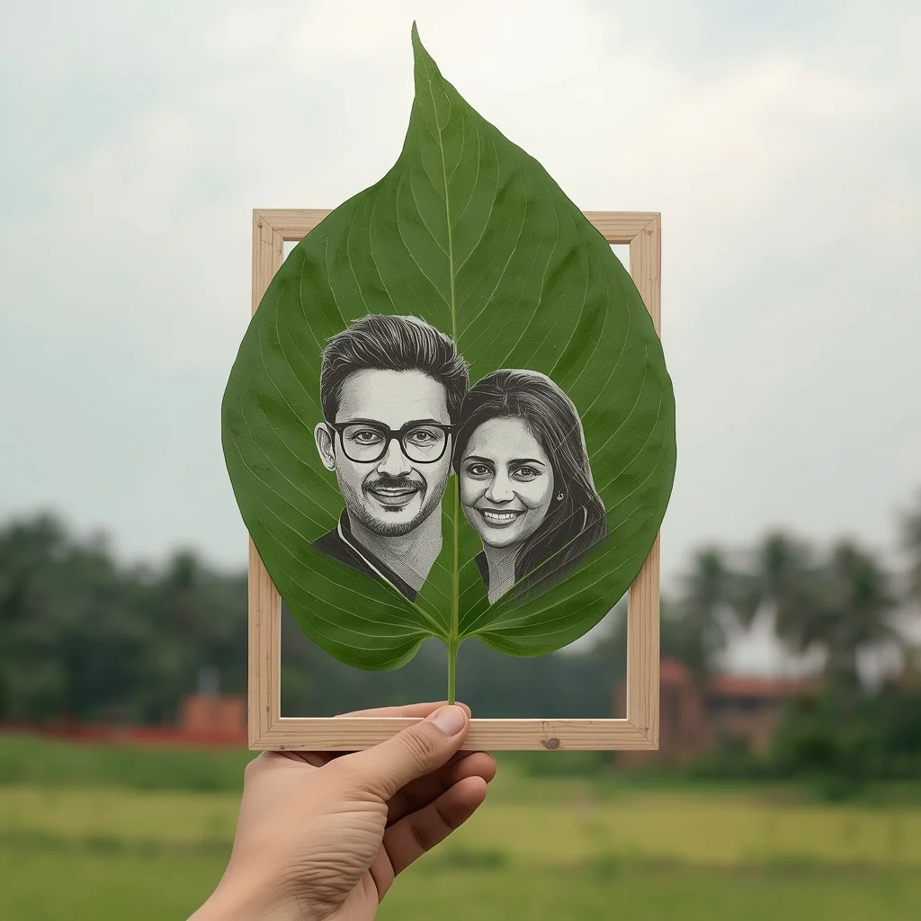 Couple Portrait Printed on a Green Peepal Leaf in a Wooden Frame | Professional Couple Prompt — AI image prompt