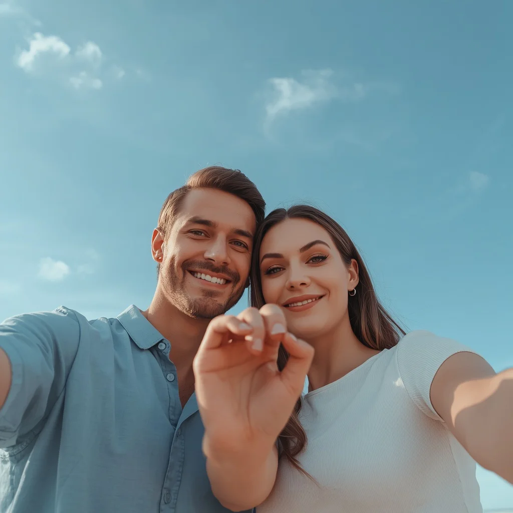 Couple Selfie Against a Clear Sky with Interlocked Fingers | Viral Couple Prompt — AI image prompt