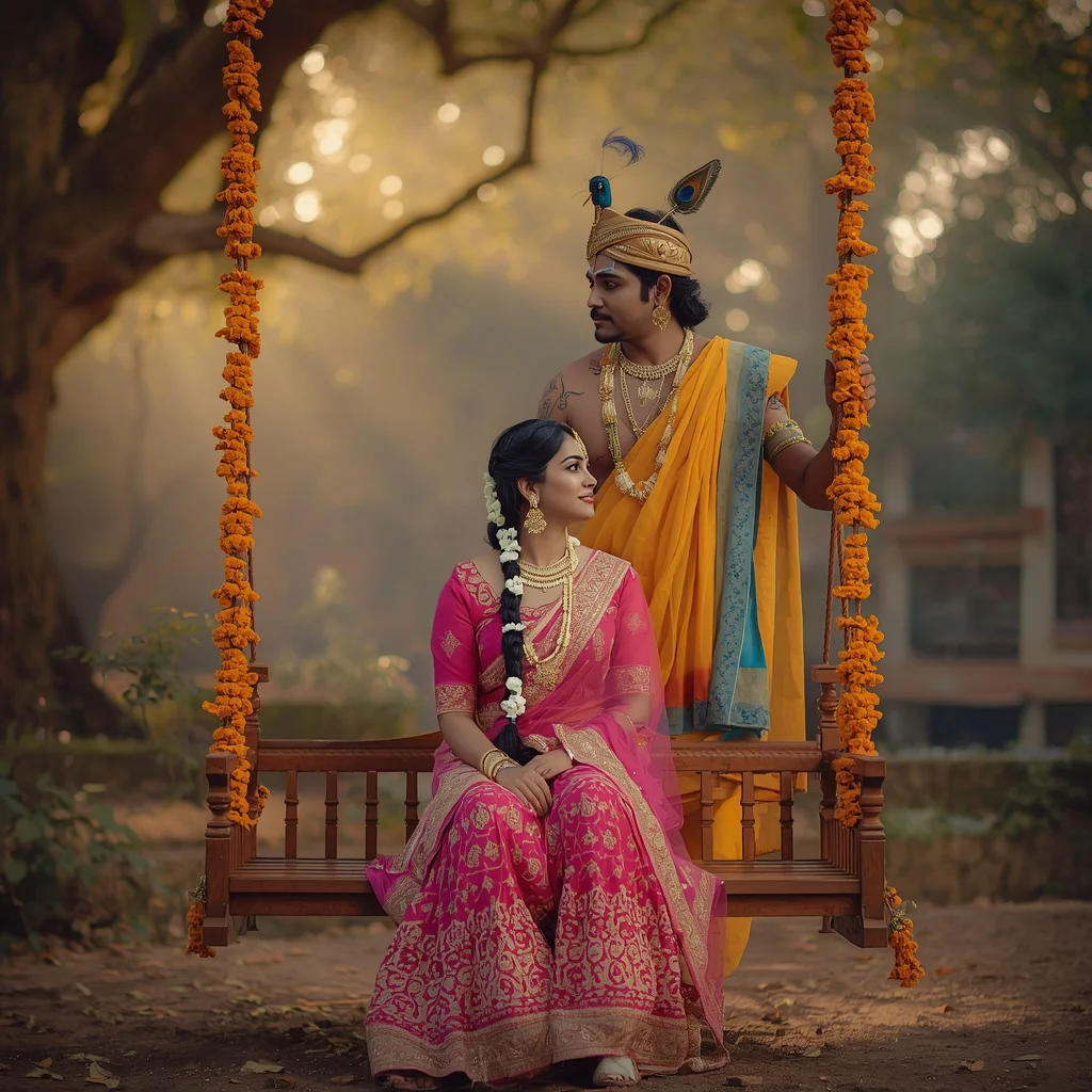 Divine Radha Krishna Inspired Couple on a Swing in Vrindavan | Married AI Prompt — AI image prompt