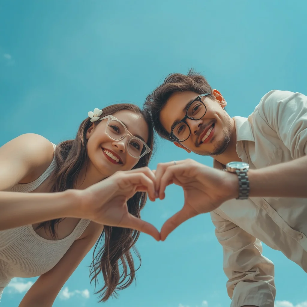Dreamy Blue Sky: Couple's Heart-Shaped Hand Portrait | Love AI Prompt — AI image prompt