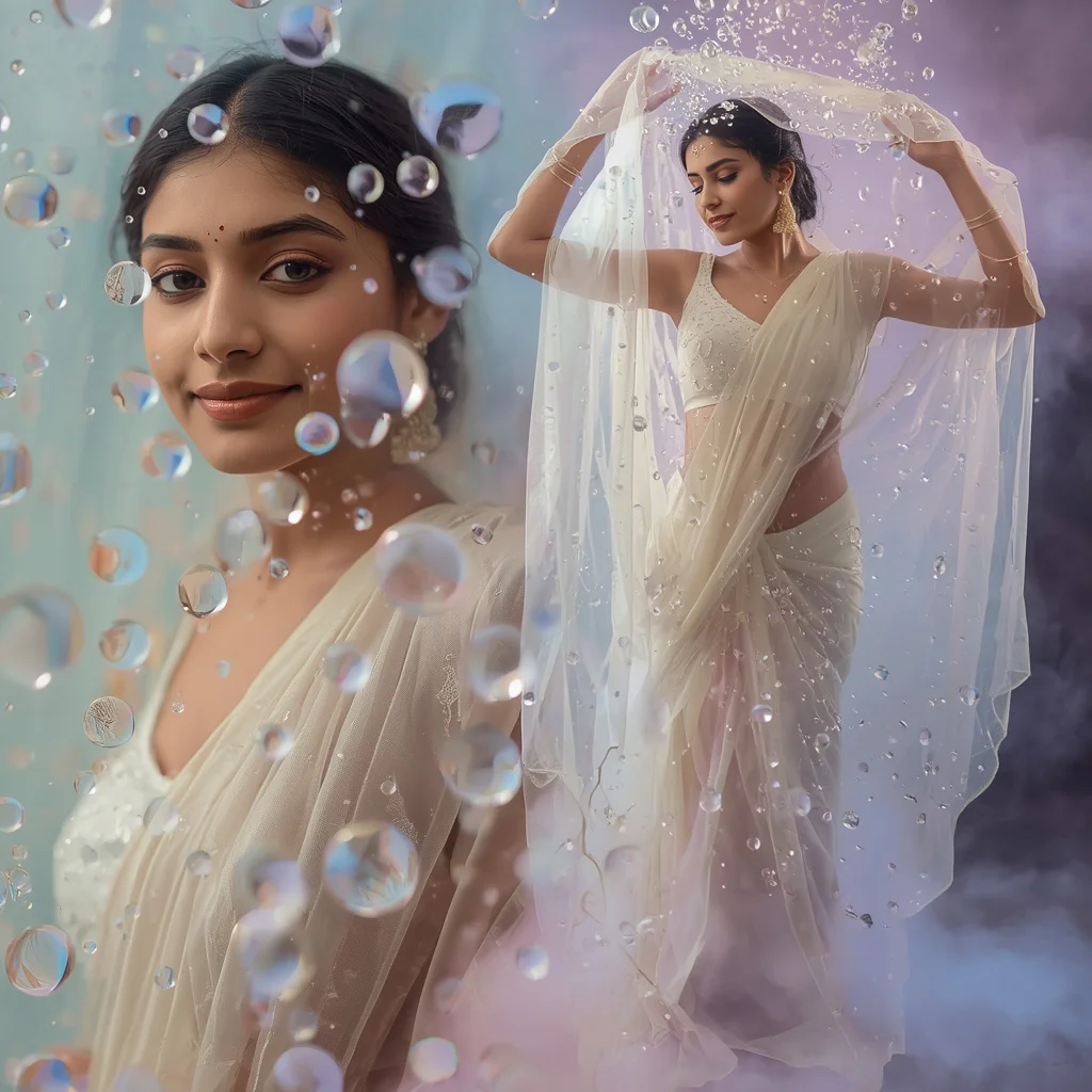 Dreamy Pastel Water Droplet Collage: Indian Woman in Ethereal Liquid Spheres | Holi Saree Prompt — AI image prompt