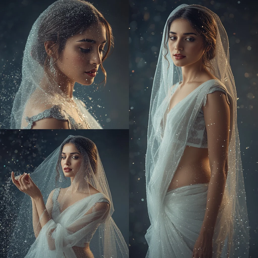 Ethereal Diamond Dust Collage: Indian Woman in Sparkling Micro-Fragments | Prompt Copy Saree — AI image prompt