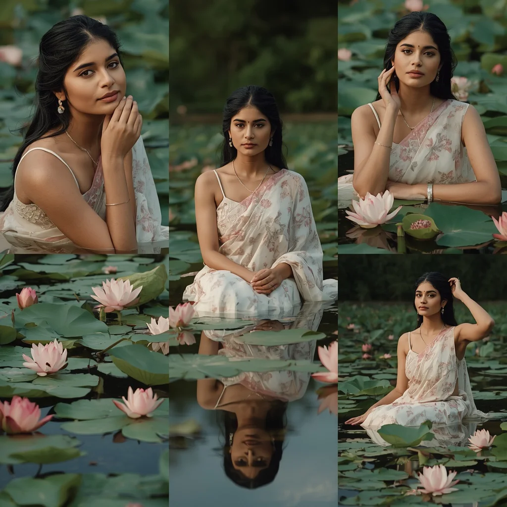 Floating Lotus Pond Collage: Indian Woman in Serene Aquatic Blooms | Purple AI Prompt — AI image prompt
