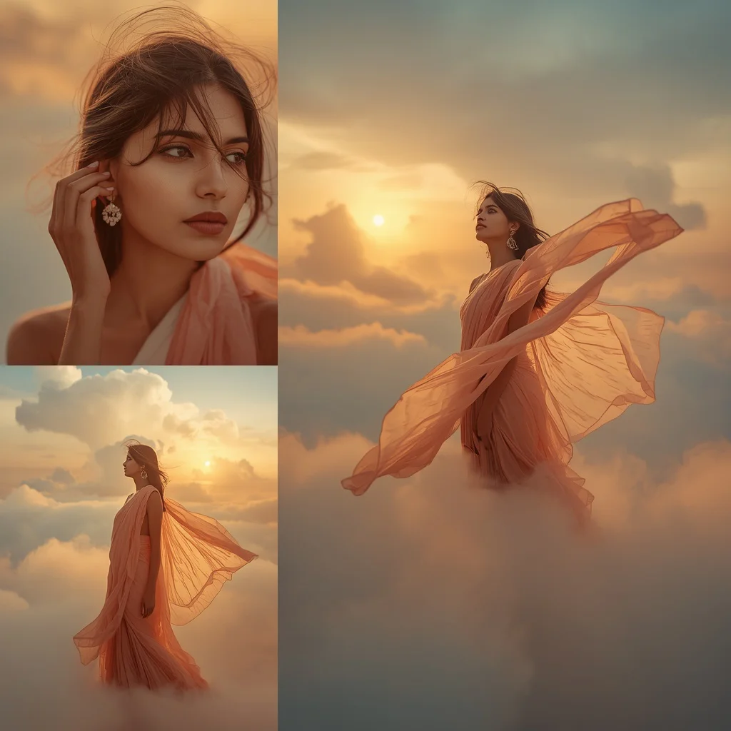 Golden Hour Cloudscape Collage: Indian Woman in Luminous Sky Realm | Beautiful Saree Prompt — AI image prompt