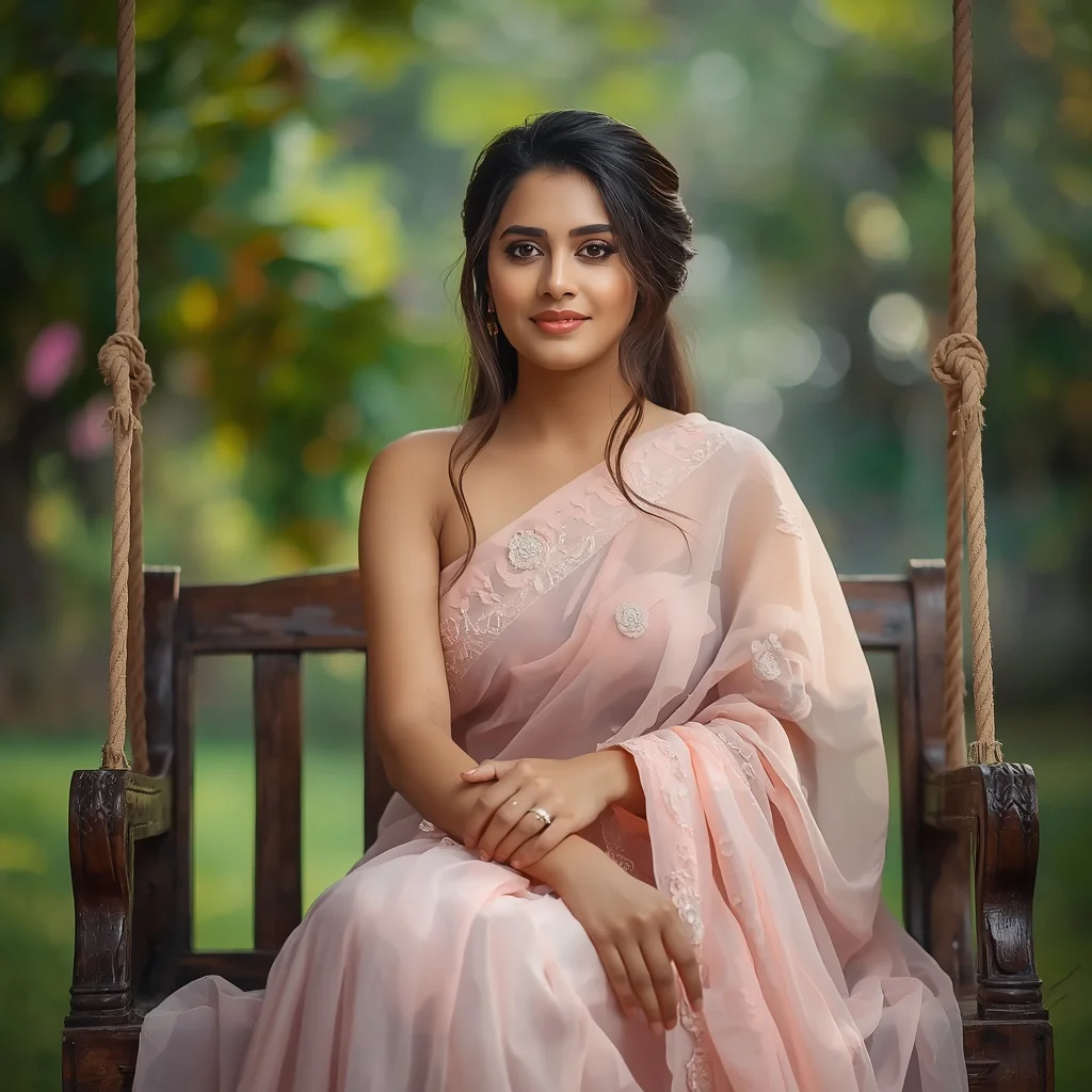 Graceful Indian Woman in a Blush Pink Georgette Saree, Elegantly Seated | Gorgeous Saree Prompt — AI image prompt