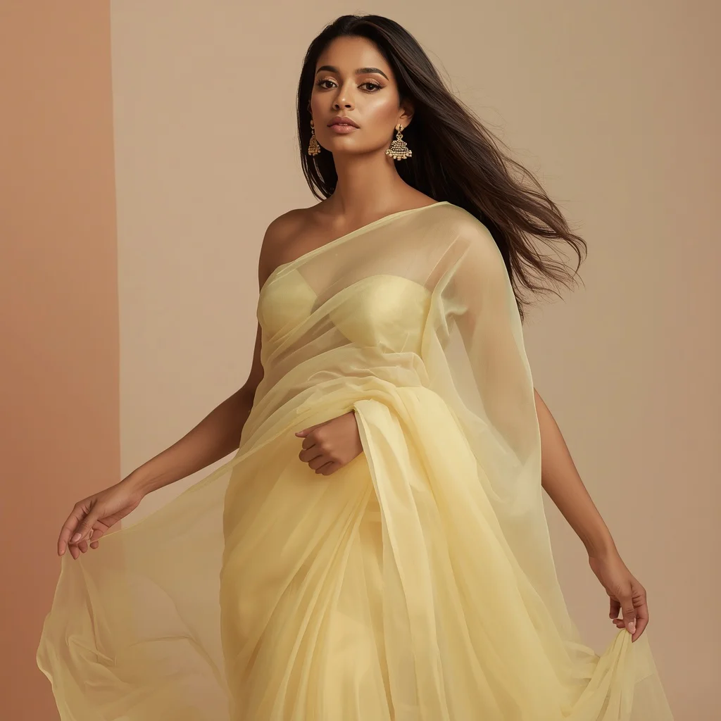 Graceful Indian Woman in a Pastel Yellow Saree with Ethereal Flow | Saree Prompt — AI image prompt