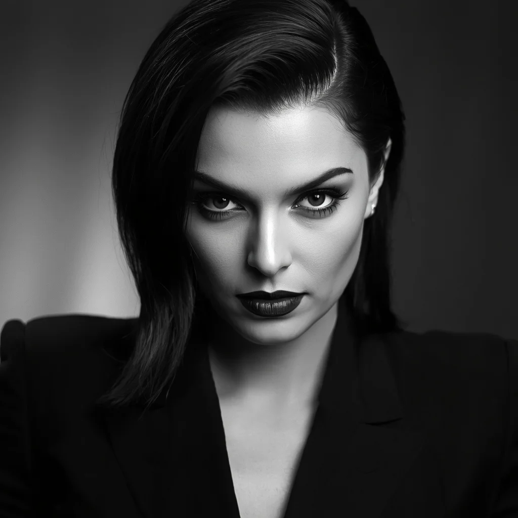 Hollywood Actress's Powerful Gaze in Black and White | Red Girl Prompt — AI image prompt