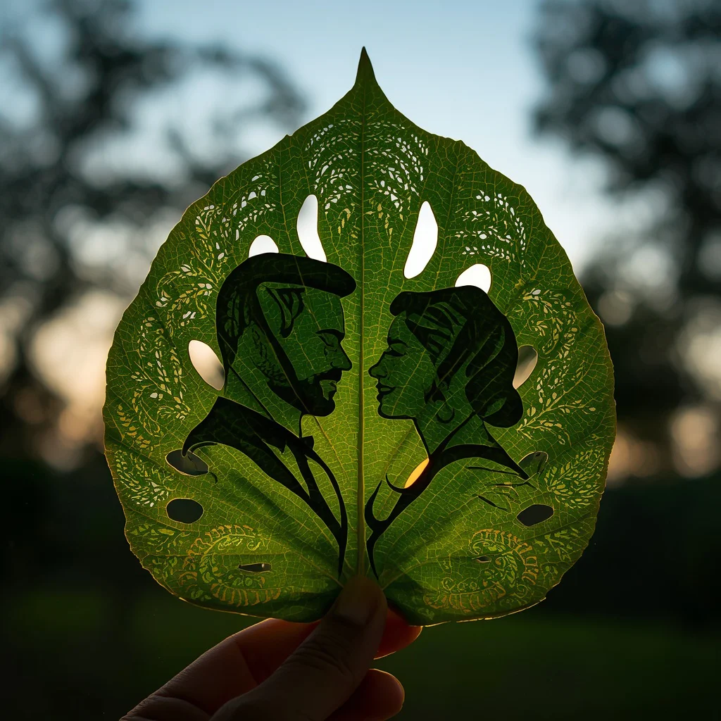Intricately Carved Peepal Leaf Couple Silhouette Portrait Artwork | Image AI Prompt — AI image prompt