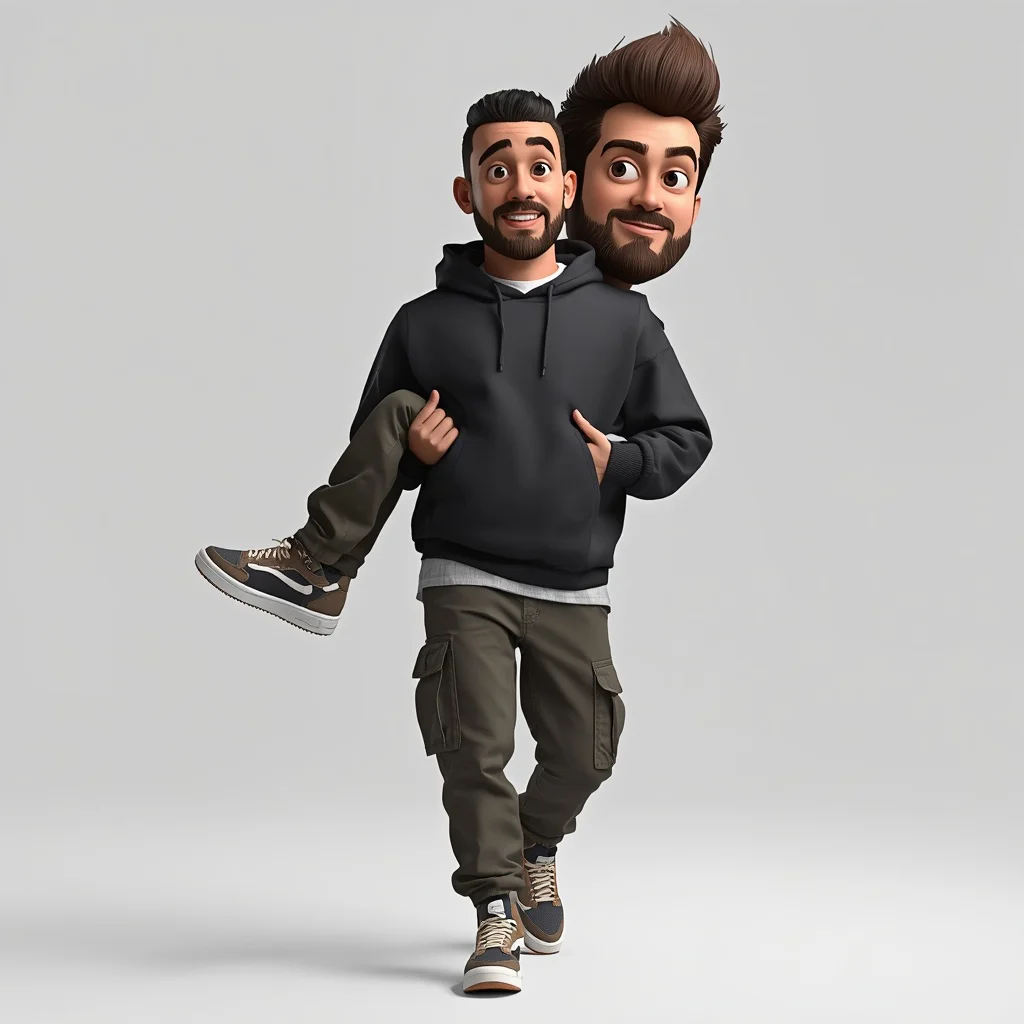 Man Carrying His Charming Pixar Caricature Twin | Instagram AI Prompt — AI image prompt
