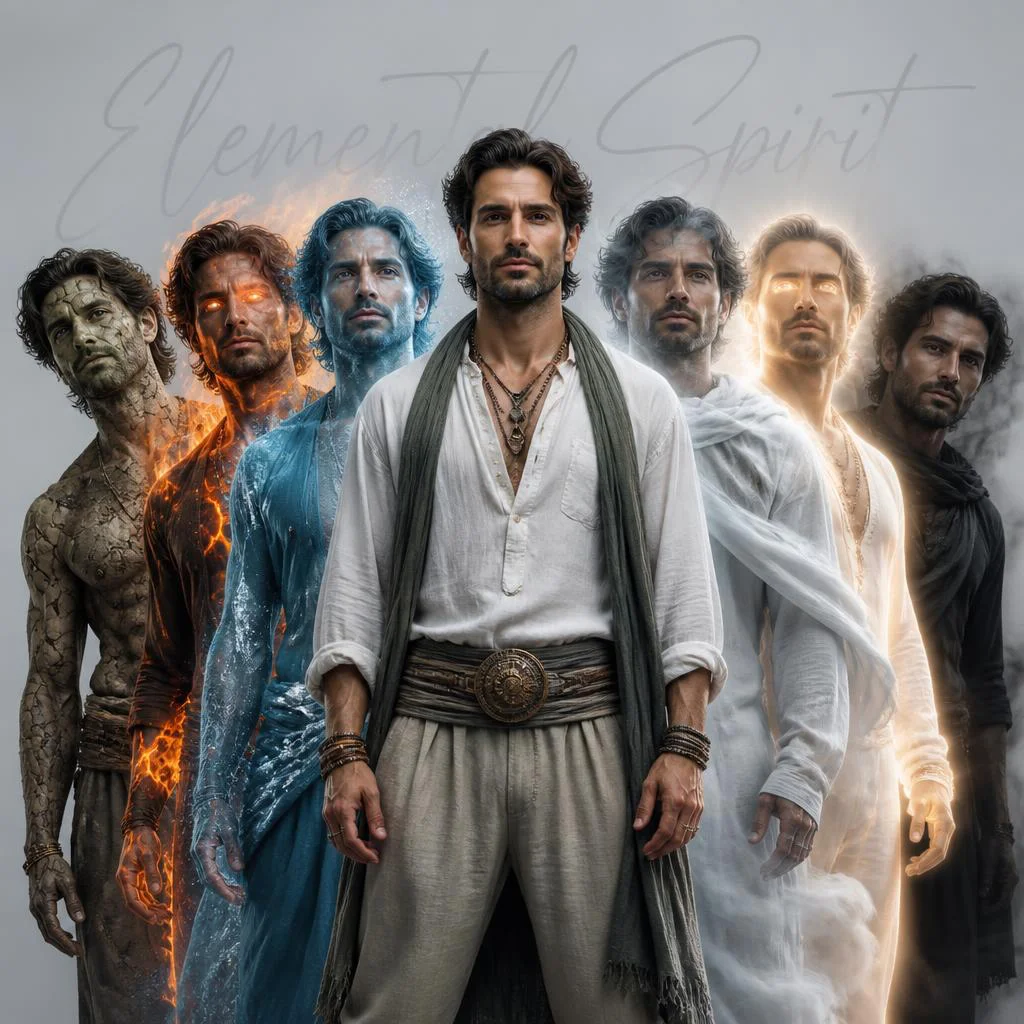 Man's Elemental Forms: Earth, Fire, Water, Air | Story Men Prompt — AI image prompt