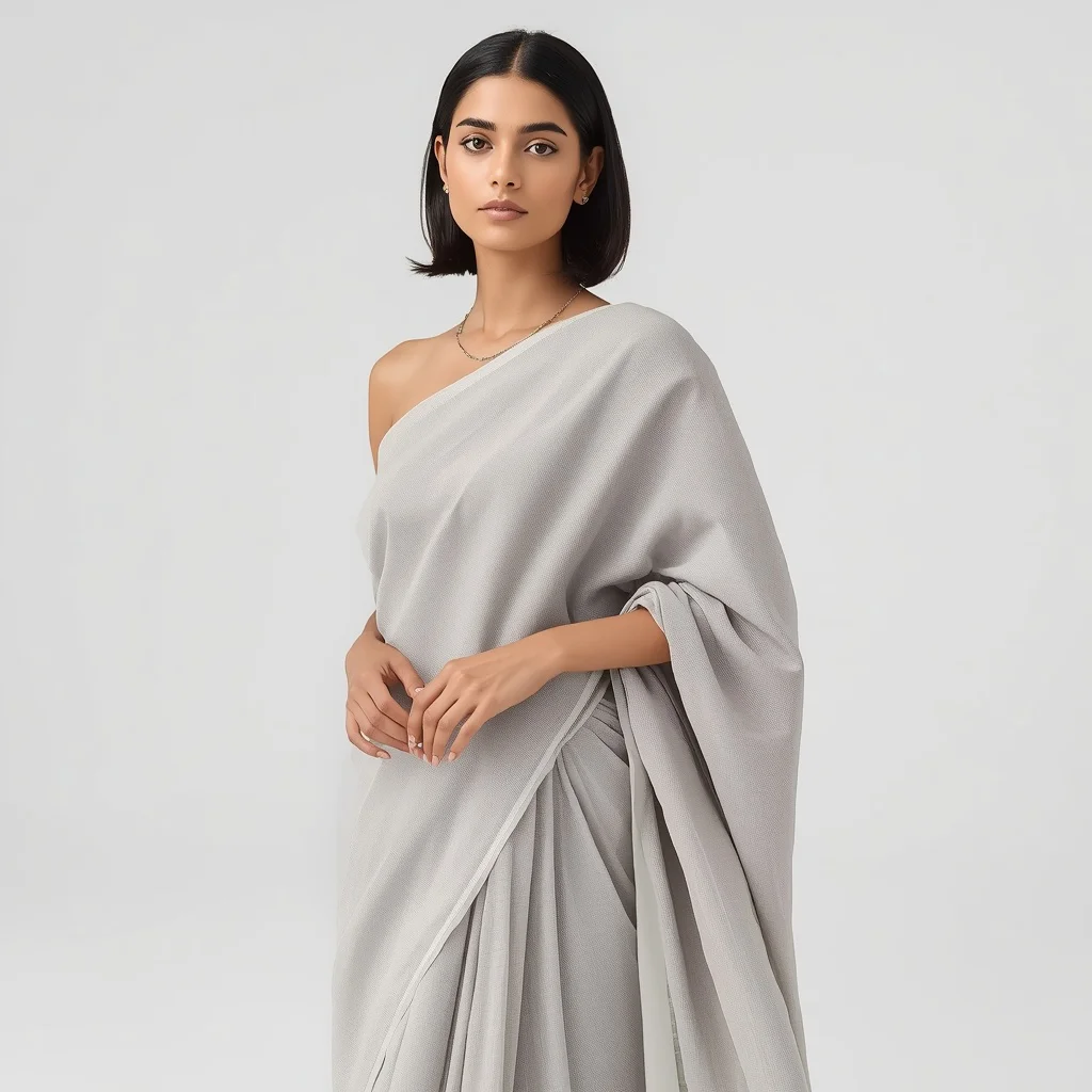 Modern Indian Woman in a Soft Grey Pastel Saree with Minimalist Appeal | Red AI Prompt — AI image prompt