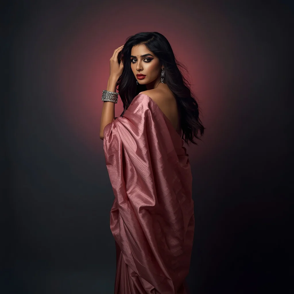 Mysterious Indian Woman in a Dusky Rose Pastel Saree with Ethereal Glow | Saree DP Prompt — AI image prompt