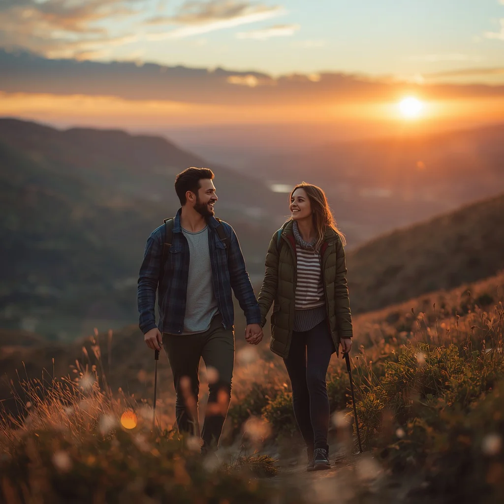 Photorealistic Couple on a Scenic Mountain View Hike | Holi Couple Prompt — AI image prompt