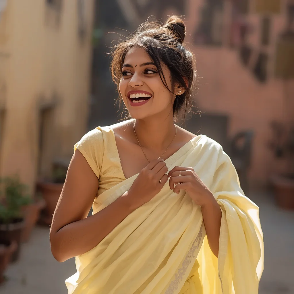 Playful Indian Woman in a Pale Yellow Pastel Saree with Candid Charm | Gemini Saree Prompt — AI image prompt
