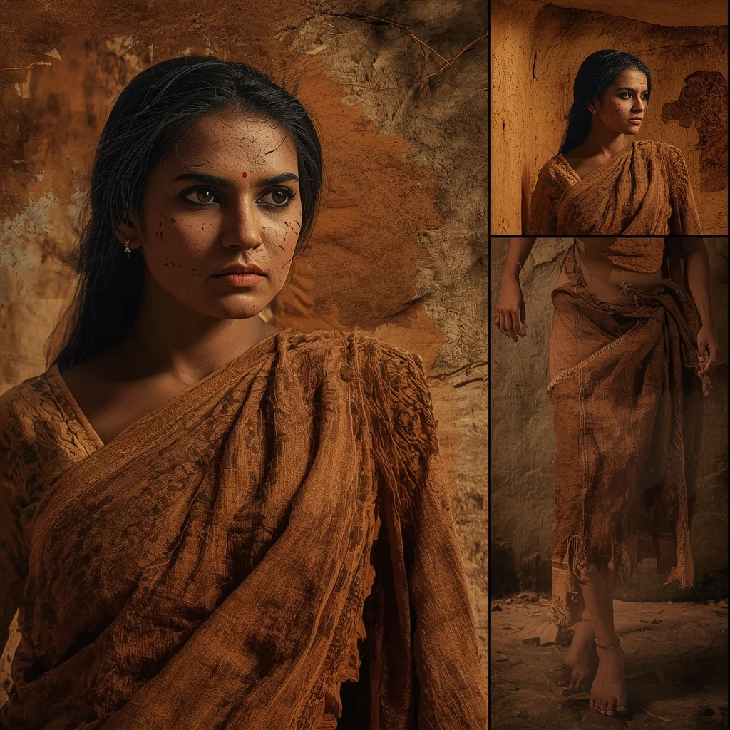 Prehistoric Cave Painting Collage: Indian Woman in Ancient, Earthy Art | New Saree Prompt — AI image prompt