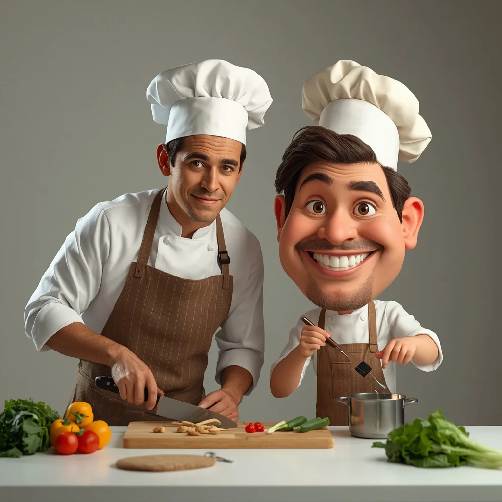 Real Man and Caricature as Chefs in Kitchen | WhatsApp Men Prompt — AI image prompt