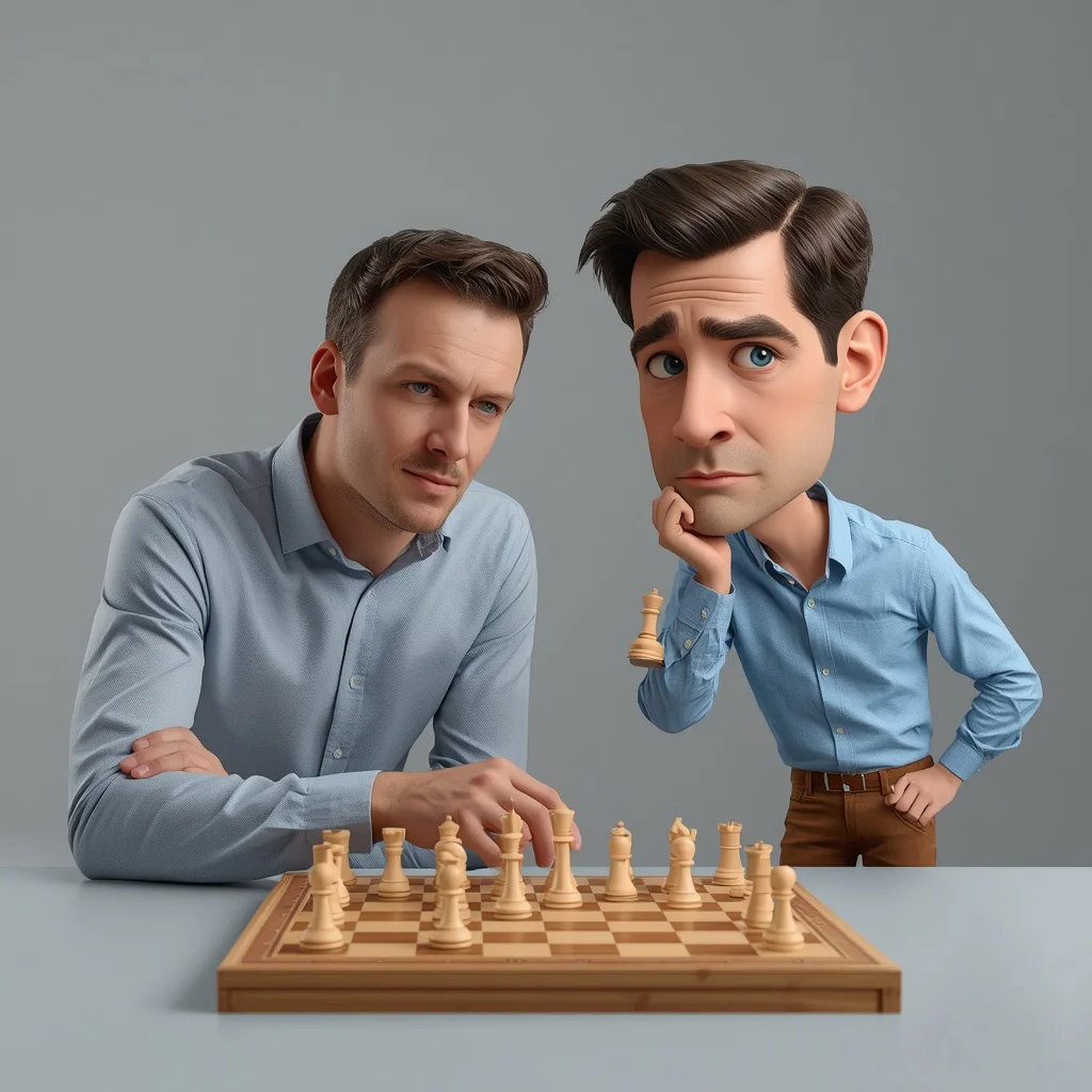 Real Man and Caricature Playing Chess | Image AI Prompt — AI image prompt